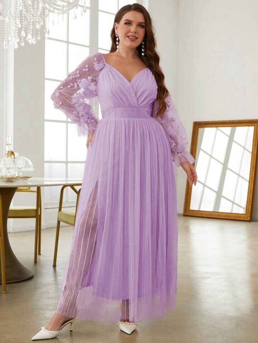 Simplee Sweetheart Neckline Elegant Tulle Maxi Dress Lavender 3XL